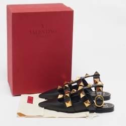 Pre Owned Valentino Black Leather Roman Stud Ankle Strap Flats Size 36