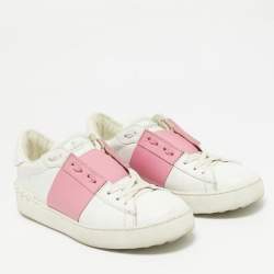 Valentino White/Red Leather Rockstud Lace Up Sneakers Size 39