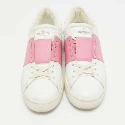 Valentino White/Red Leather Rockstud Lace Up Sneakers Size 39