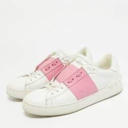 Valentino White/Red Leather Rockstud Lace Up Sneakers Size 39