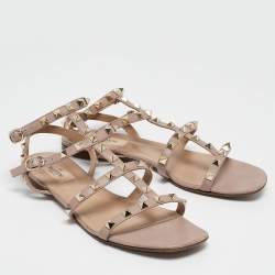 Pre Owned Valentino Pink Leather Rockstud Flat Ankle Strap Sandals Size 39