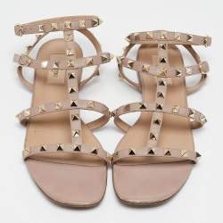 Pre Owned Valentino Pink Leather Rockstud Flat Ankle Strap Sandals Size 39