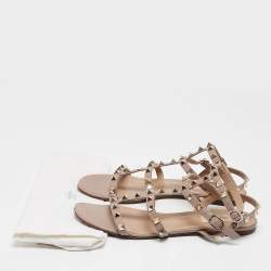 Pre Owned Valentino Pink Leather Rockstud Flat Ankle Strap Sandals Size 39