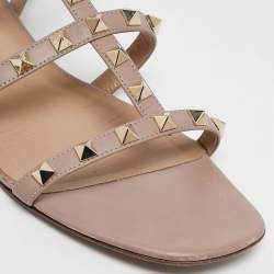Pre Owned Valentino Pink Leather Rockstud Flat Ankle Strap Sandals Size 39