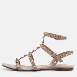 Pre Owned Valentino Pink Leather Rockstud Flat Ankle Strap Sandals Size 39