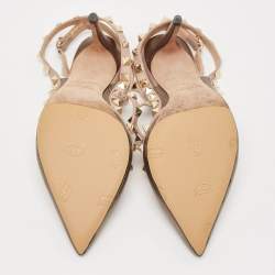 Pre Owned Valentino Gold/Beige Leather Rockstud Ankle Strap Pumps Size 38 