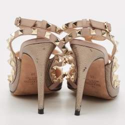 Pre Owned Valentino Gold/Beige Leather Rockstud Ankle Strap Pumps Size 38 