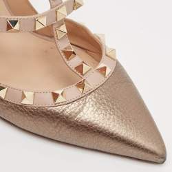 Pre Owned Valentino Gold/Beige Leather Rockstud Ankle Strap Pumps Size 38 