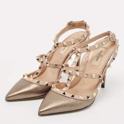 Pre Owned Valentino Gold/Beige Leather Rockstud Ankle Strap Pumps Size 38 