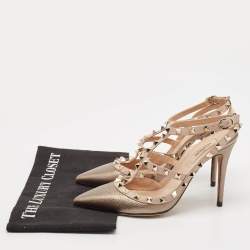 Pre Owned Valentino Gold/Beige Leather Rockstud Ankle Strap Pumps Size 38 