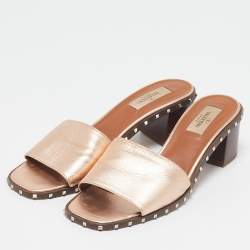 Valentino Rose Gold Leather Soul Rockstud Slide Sandals Size 38