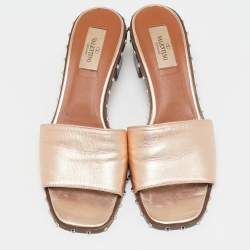 Valentino Rose Gold Leather Soul Rockstud Slide Sandals Size 38