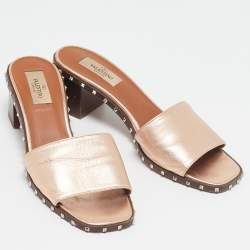 Valentino Rose Gold Leather Soul Rockstud Slide Sandals Size 38