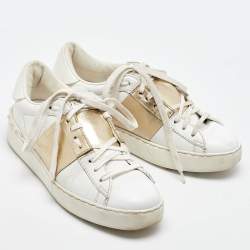 Valentino White/Gold Leather Rockstud Low Top Sneakers Size 35.5