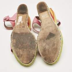 Pre Owned Valentino Pink Leather And Multicolor Chevron Wedge Ankle Strap Sandals Size 36