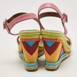 Pre Owned Valentino Pink Leather And Multicolor Chevron Wedge Ankle Strap Sandals Size 36