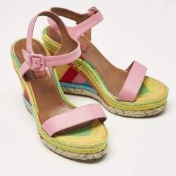 Pre Owned Valentino Pink Leather And Multicolor Chevron Wedge Ankle Strap Sandals Size 36