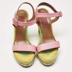 Pre Owned Valentino Pink Leather And Multicolor Chevron Wedge Ankle Strap Sandals Size 36