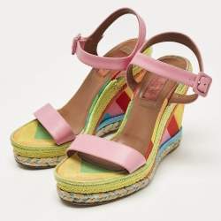 Pre Owned Valentino Pink Leather And Multicolor Chevron Wedge Ankle Strap Sandals Size 36