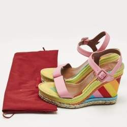 Pre Owned Valentino Pink Leather And Multicolor Chevron Wedge Ankle Strap Sandals Size 36
