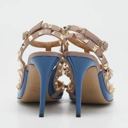 Valentino Blue/Beige Patent and Leather Caged Rockstud  Ankle Strap Pumps Size 39