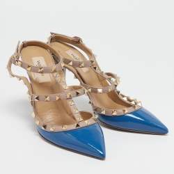 Valentino Blue/Beige Patent and Leather Caged Rockstud  Ankle Strap Pumps Size 39