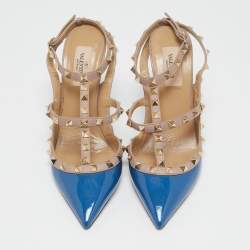 Valentino Blue/Beige Patent and Leather Caged Rockstud  Ankle Strap Pumps Size 39