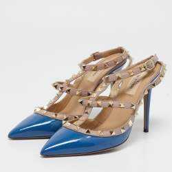 Valentino Blue/Beige Patent and Leather Caged Rockstud  Ankle Strap Pumps Size 39