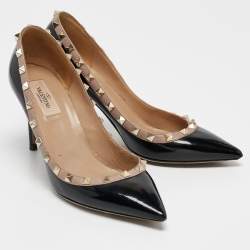 Pre Owned Valentino Black/Beige Leather and Patent Rockstud Pointed Toe Pumps Size 39