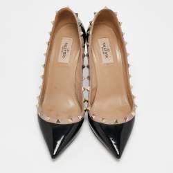Pre Owned Valentino Black/Beige Leather and Patent Rockstud Pointed Toe Pumps Size 39