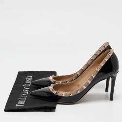 Pre Owned Valentino Black/Beige Leather and Patent Rockstud Pointed Toe Pumps Size 39