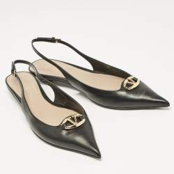 Pre Owned Valentino Black Leather V Logo Pointed Toe Slingback Flat Sandals Size 40