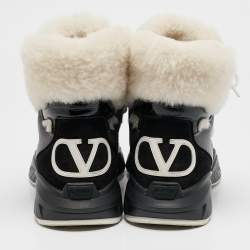 Pre Owned Valentino Black Leather and Shearling VLogo High Top Sneakers Size 39