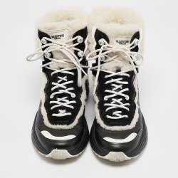 Pre Owned Valentino Black Leather and Shearling VLogo High Top Sneakers Size 39