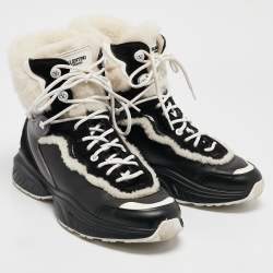 Pre Owned Valentino Black Leather and Shearling VLogo High Top Sneakers Size 39