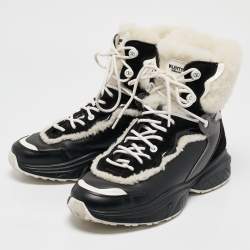 Pre Owned Valentino Black Leather and Shearling VLogo High Top Sneakers Size 39