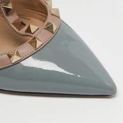 Valentino Pale Blue/Beige Patent Leather Rockstud Ankle Strap Pumps Size 38