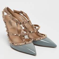 Valentino Pale Blue/Beige Patent Leather Rockstud Ankle Strap Pumps Size 38