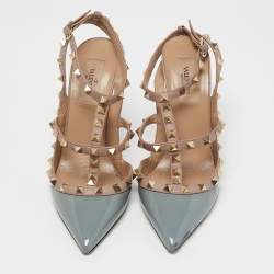 Valentino Pale Blue/Beige Patent Leather Rockstud Ankle Strap Pumps Size 38
