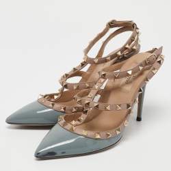 Valentino Pale Blue/Beige Patent Leather Rockstud Ankle Strap Pumps Size 38