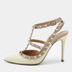 Valentino Beige/Pink Patent Leather and Leather Rockstud Ankle Strap Pumps Size 39.5