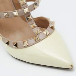 Valentino Beige/Pink Patent Leather and Leather Rockstud Ankle Strap Pumps Size 39.5
