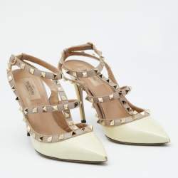 Valentino Beige/Pink Patent Leather and Leather Rockstud Ankle Strap Pumps Size 39.5