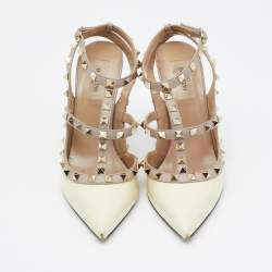 Valentino Beige/Pink Patent Leather and Leather Rockstud Ankle Strap Pumps Size 39.5