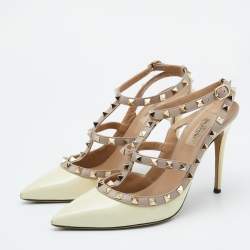 Valentino Beige/Pink Patent Leather and Leather Rockstud Ankle Strap Pumps Size 39.5