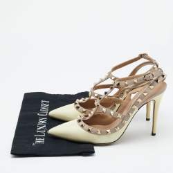 Valentino Beige/Pink Patent Leather and Leather Rockstud Ankle Strap Pumps Size 39.5