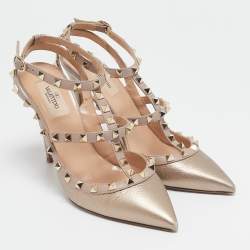 Pre Owned Valentino Rose Gold Leather Rockstud Caged Pumps Size 40