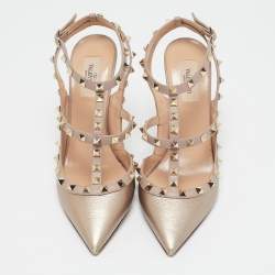 Pre Owned Valentino Rose Gold Leather Rockstud Caged Pumps Size 40