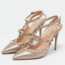 Pre Owned Valentino Rose Gold Leather Rockstud Caged Pumps Size 40