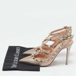 Pre Owned Valentino Rose Gold Leather Rockstud Caged Pumps Size 40